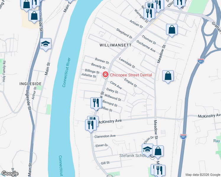 map of restaurants, bars, coffee shops, grocery stores, and more near 32 Willwood Street in Chicopee