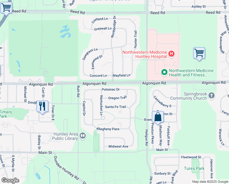 map of restaurants, bars, coffee shops, grocery stores, and more near 10708 Oregon Trail in Huntley