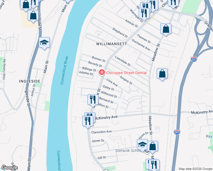 map of restaurants, bars, coffee shops, grocery stores, and more near 32 Willwood Street in Chicopee
