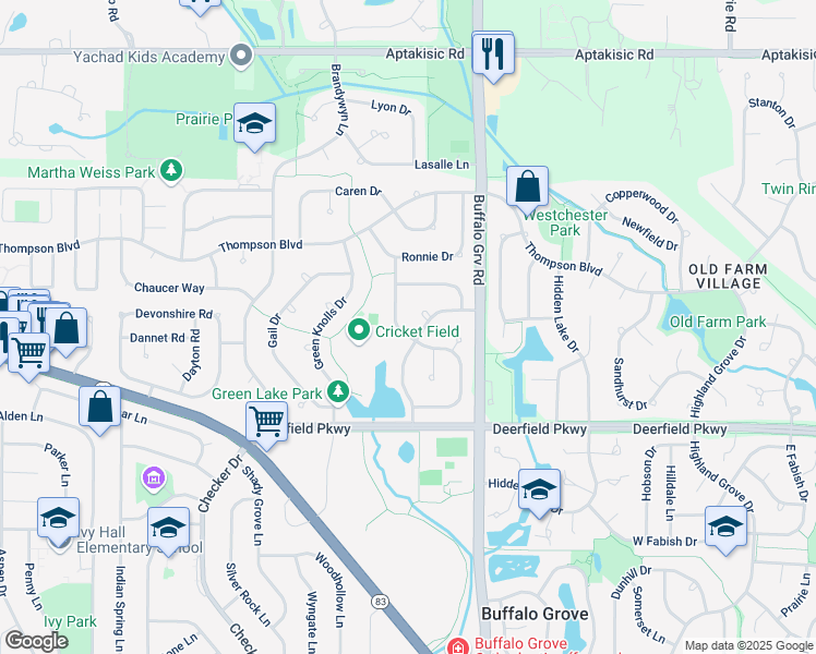map of restaurants, bars, coffee shops, grocery stores, and more near 1119 Larraway Drive in Buffalo Grove