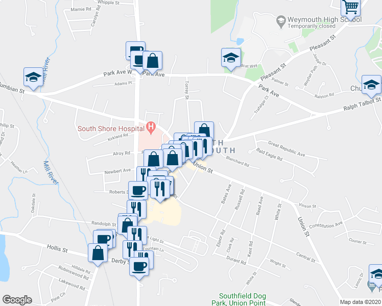 map of restaurants, bars, coffee shops, grocery stores, and more near 1 Columbian Street in Weymouth
