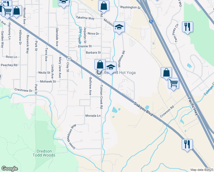 map of restaurants, bars, coffee shops, grocery stores, and more near 2542 Siskiyou Boulevard in Ashland