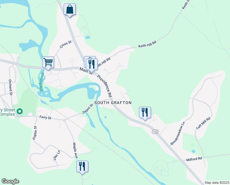 map of restaurants, bars, coffee shops, grocery stores, and more near 7 Harding Street in Grafton