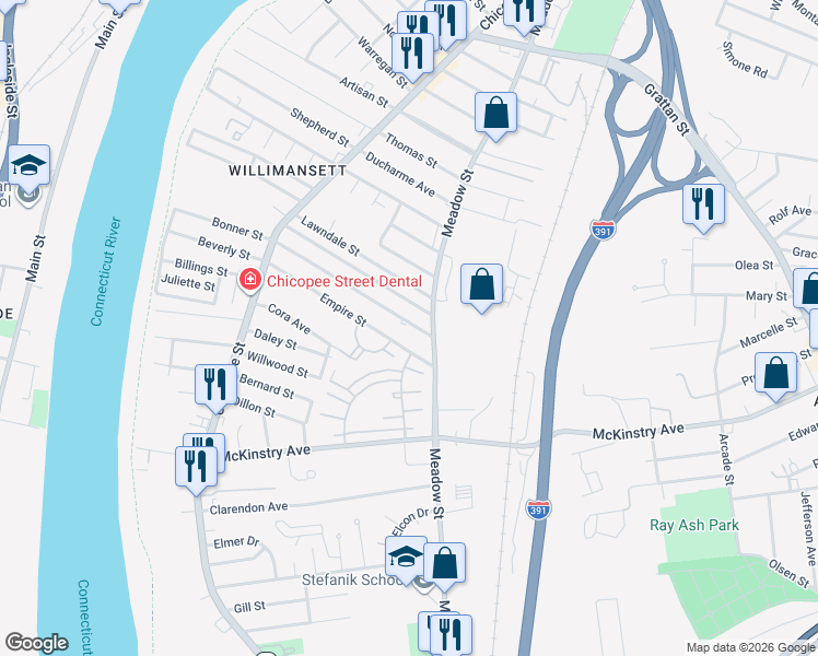 map of restaurants, bars, coffee shops, grocery stores, and more near 490 Meadow Street in Chicopee