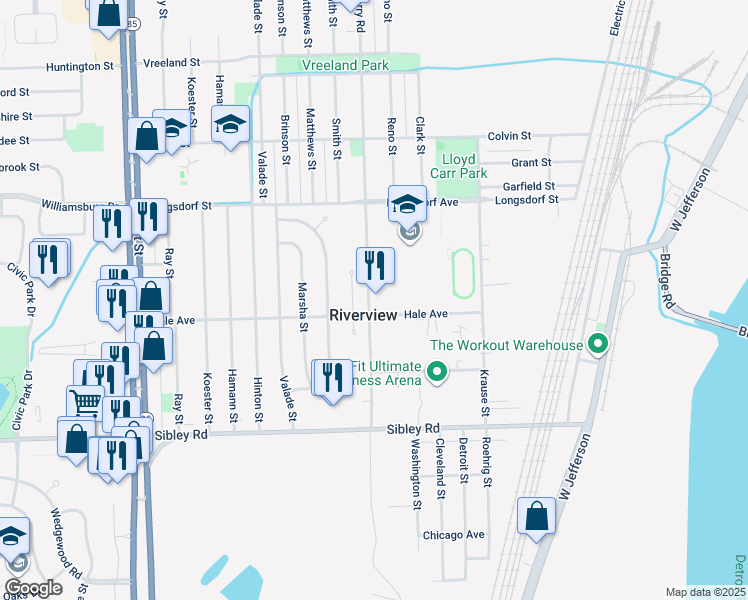 map of restaurants, bars, coffee shops, grocery stores, and more near 18275 Quarry Road in Riverview