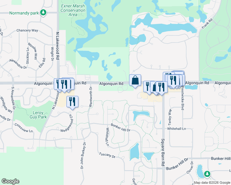 map of restaurants, bars, coffee shops, grocery stores, and more near 9105 West Algonquin Road in Huntley