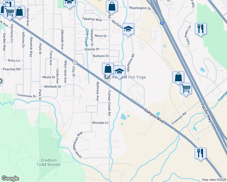map of restaurants, bars, coffee shops, grocery stores, and more near 2514 Siskiyou Boulevard in Ashland