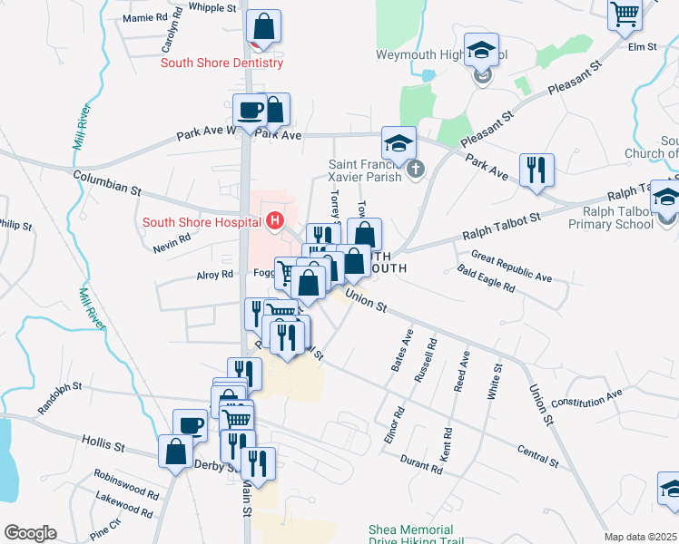 map of restaurants, bars, coffee shops, grocery stores, and more near 1 Columbian Street in Weymouth