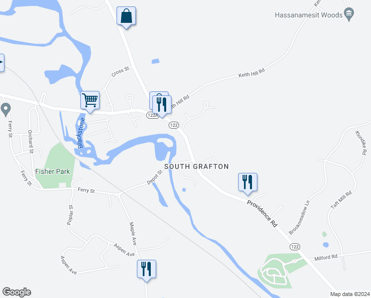 map of restaurants, bars, coffee shops, grocery stores, and more near 306 Providence Road in Grafton