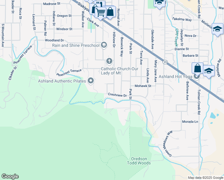 map of restaurants, bars, coffee shops, grocery stores, and more near 1169 Hillview Drive in Ashland