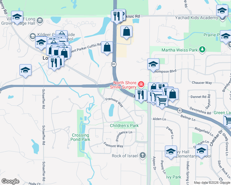 map of restaurants, bars, coffee shops, grocery stores, and more near 1291 Farnsworth Lane in Buffalo Grove