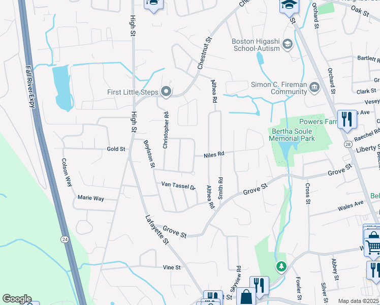 map of restaurants, bars, coffee shops, grocery stores, and more near 84 Emily Jeffers Road in Randolph