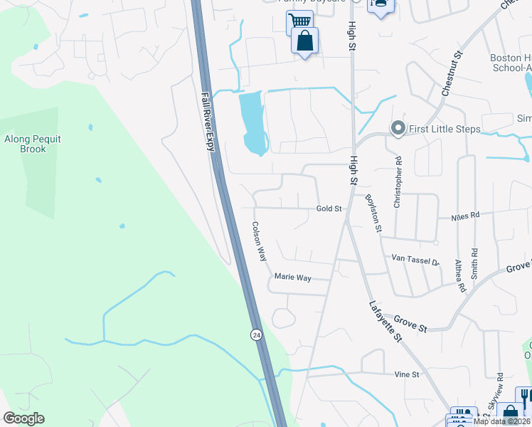 map of restaurants, bars, coffee shops, grocery stores, and more near 81 Gold Street in Randolph