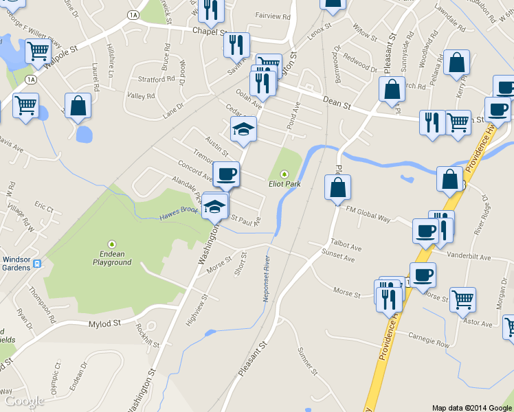 map of restaurants, bars, coffee shops, grocery stores, and more near 34 Saint John Avenue in Norwood