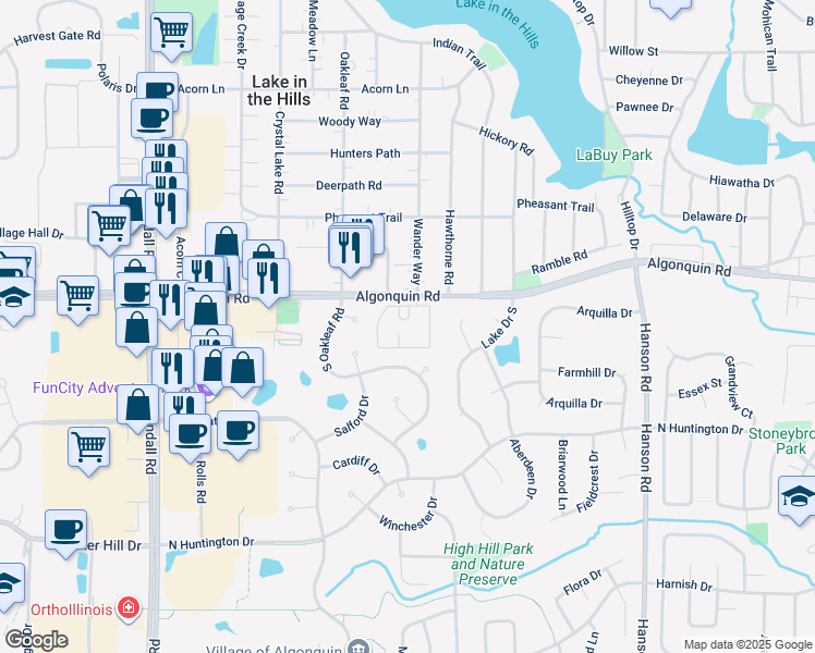 map of restaurants, bars, coffee shops, grocery stores, and more near 2034 West Algonquin Road in Algonquin