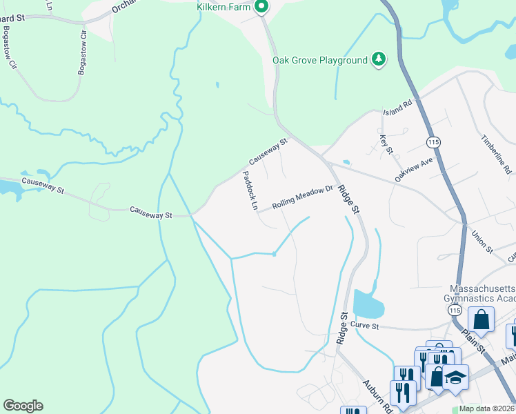map of restaurants, bars, coffee shops, grocery stores, and more near 16 Rolling Meadow Drive in Millis