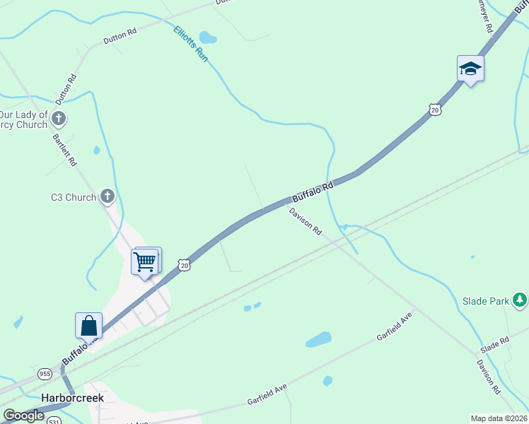 map of restaurants, bars, coffee shops, grocery stores, and more near Buffalo Road in Harborcreek