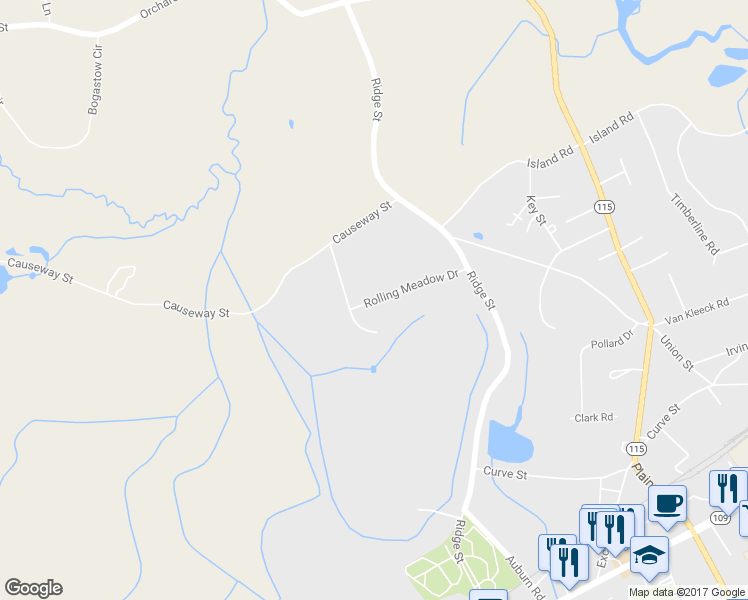map of restaurants, bars, coffee shops, grocery stores, and more near 16 Rolling Meadow Drive in Millis