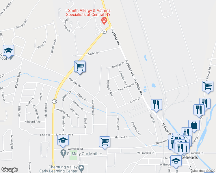map of restaurants, bars, coffee shops, grocery stores, and more near 510 Highland Avenue in Horseheads