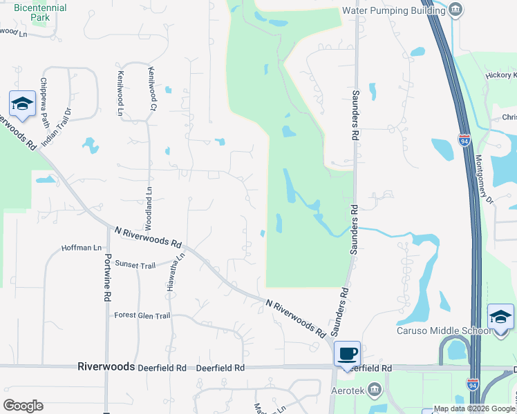 map of restaurants, bars, coffee shops, grocery stores, and more near 2590 Crestwood Lane in Riverwoods