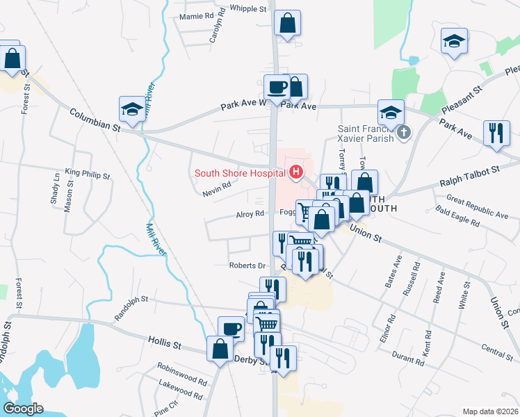 map of restaurants, bars, coffee shops, grocery stores, and more near 875 Main Street in Weymouth