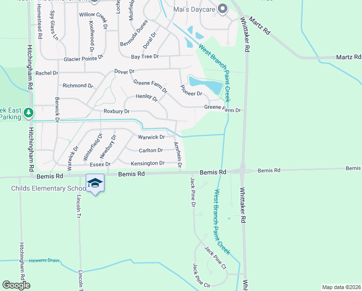 map of restaurants, bars, coffee shops, grocery stores, and more near 7851 Amrhein Drive in Ypsilanti