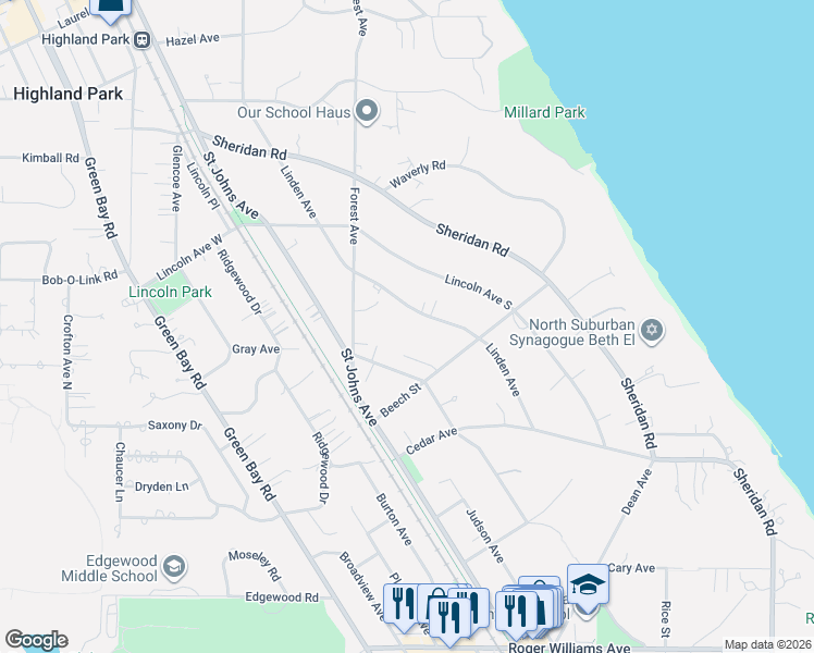 map of restaurants, bars, coffee shops, grocery stores, and more near 1284 Linden Avenue in Highland Park