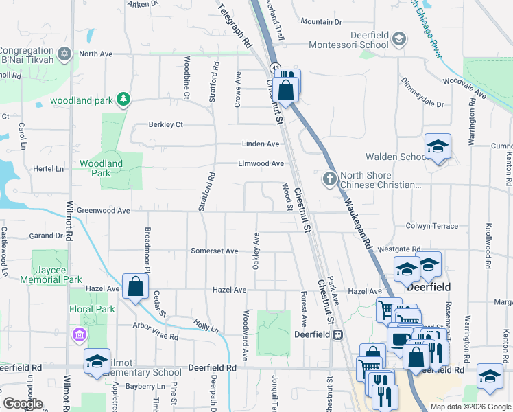 map of restaurants, bars, coffee shops, grocery stores, and more near 1230 Parkside Lane in Deerfield