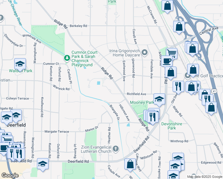 map of restaurants, bars, coffee shops, grocery stores, and more near 1977 Richfield Avenue in Highland Park
