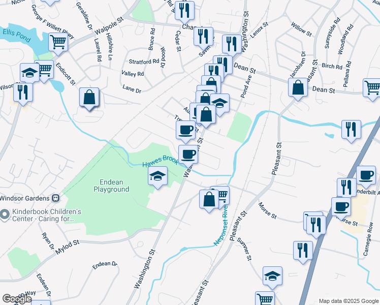 map of restaurants, bars, coffee shops, grocery stores, and more near 1247 Washington Street in Norwood