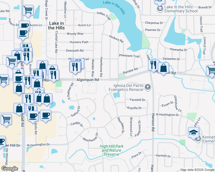 map of restaurants, bars, coffee shops, grocery stores, and more near 11 Falcon Ridge Court in Algonquin