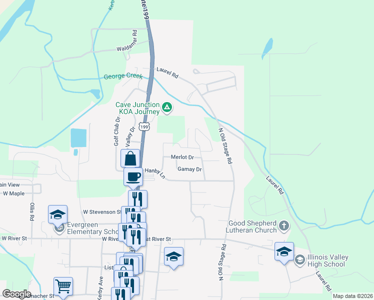 map of restaurants, bars, coffee shops, grocery stores, and more near 25637 Redwood Highway in Cave Junction