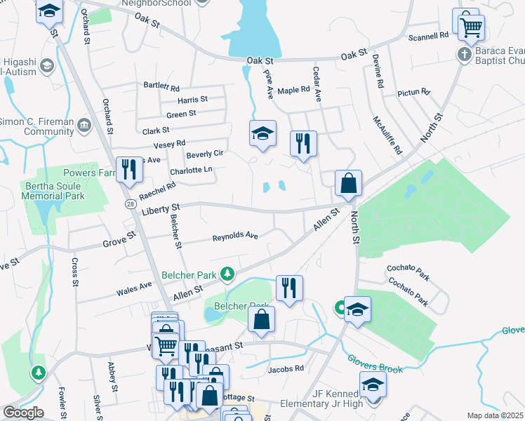 map of restaurants, bars, coffee shops, grocery stores, and more near 192 Liberty Street in Randolph