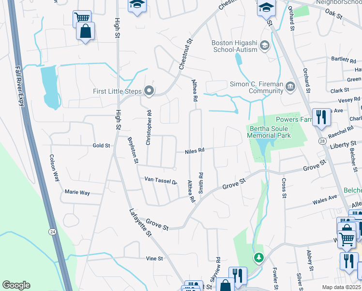 map of restaurants, bars, coffee shops, grocery stores, and more near 37 Althea Road in Randolph