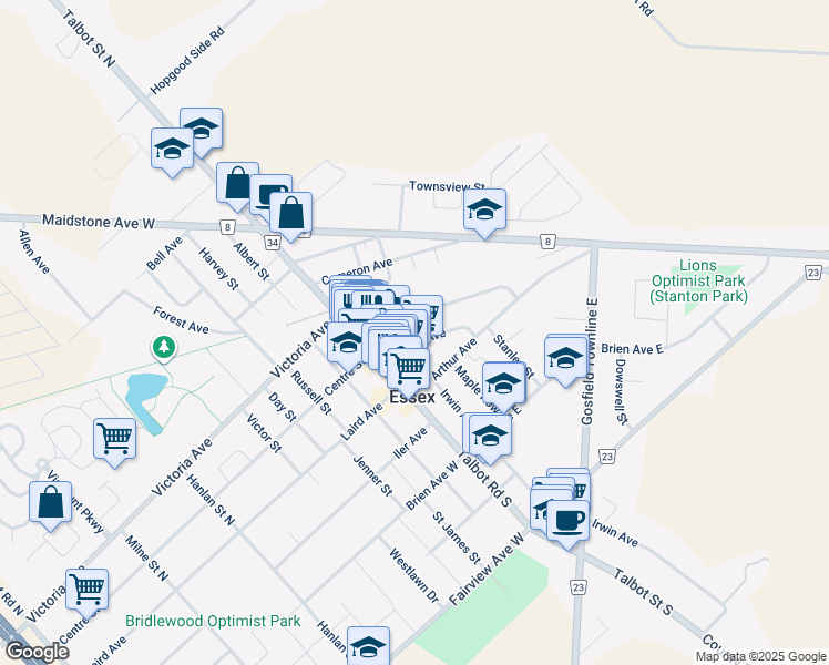 map of restaurants, bars, coffee shops, grocery stores, and more near in Essex