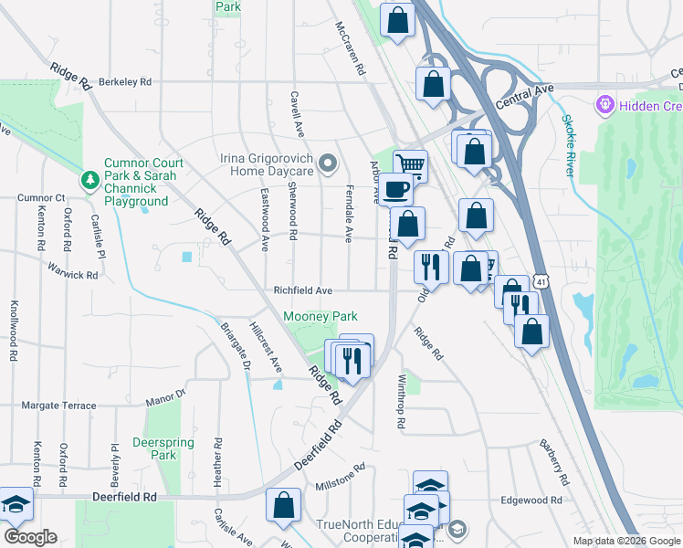 map of restaurants, bars, coffee shops, grocery stores, and more near 1251 Ferndale Avenue in Highland Park