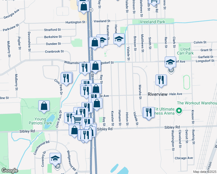 map of restaurants, bars, coffee shops, grocery stores, and more near 18217 Ray Street in Riverview