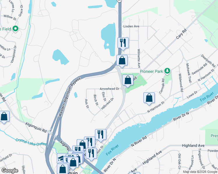 map of restaurants, bars, coffee shops, grocery stores, and more near 50 Hillcrest Drive in Algonquin