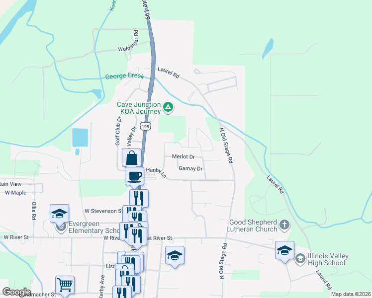 map of restaurants, bars, coffee shops, grocery stores, and more near 25637 Redwood Highway in Cave Junction