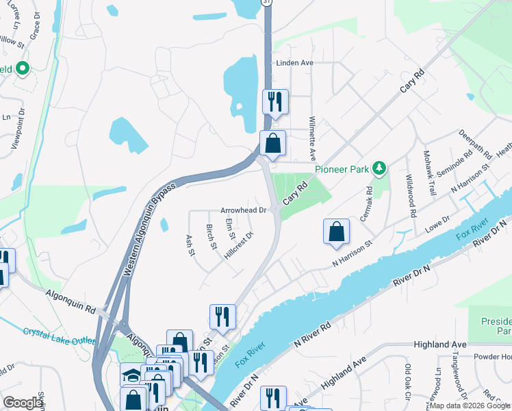 map of restaurants, bars, coffee shops, grocery stores, and more near 1134 North Main Street in Algonquin