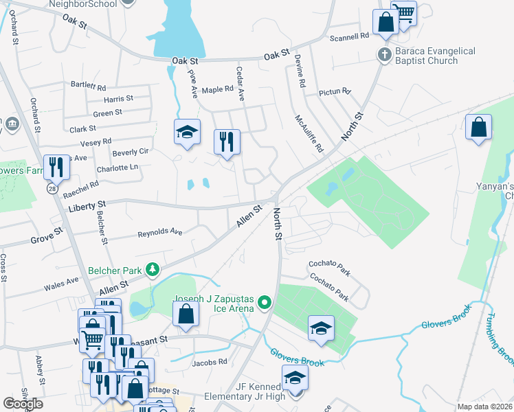 map of restaurants, bars, coffee shops, grocery stores, and more near 248 Liberty Street in Randolph