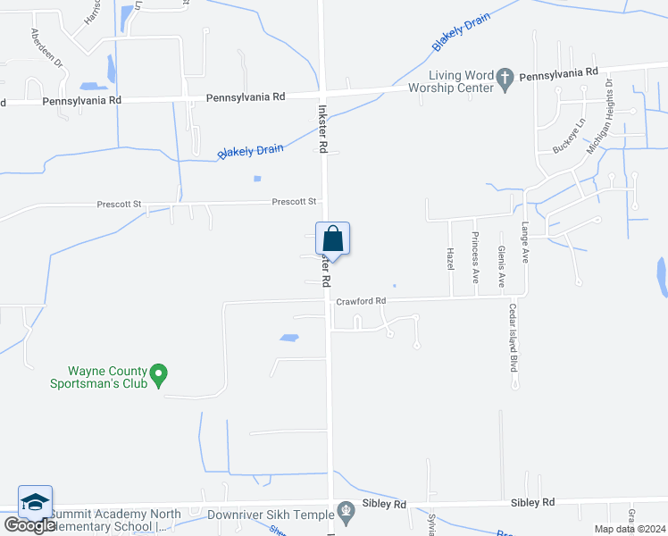 map of restaurants, bars, coffee shops, grocery stores, and more near 17901 Inkster Road in Brownstown Charter Township