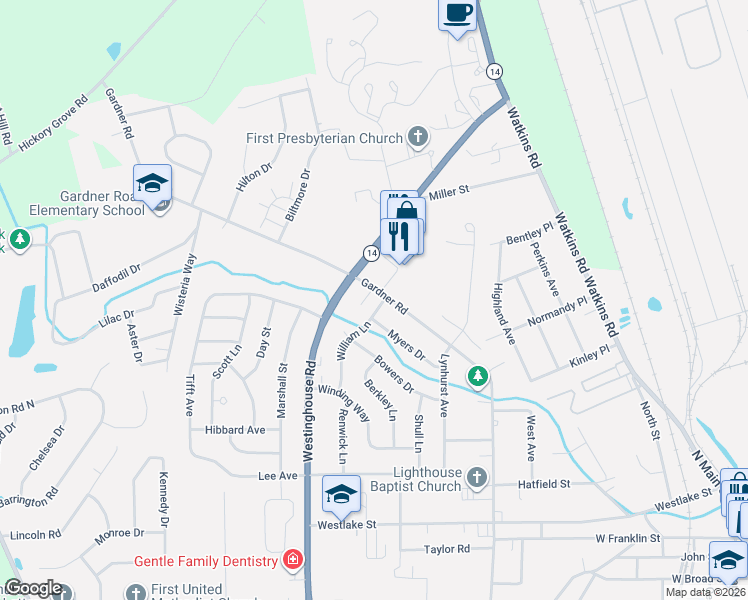 map of restaurants, bars, coffee shops, grocery stores, and more near 303 William Lane in Horseheads