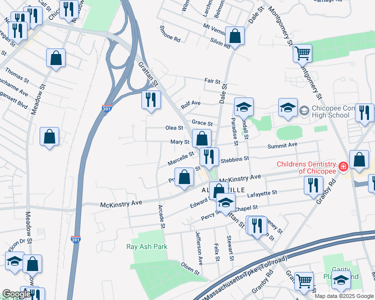 map of restaurants, bars, coffee shops, grocery stores, and more near 33 Mary Street in Chicopee