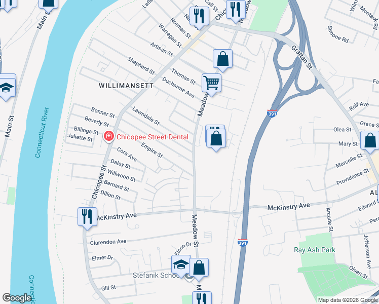 map of restaurants, bars, coffee shops, grocery stores, and more near 170 Pendexter Avenue in Chicopee