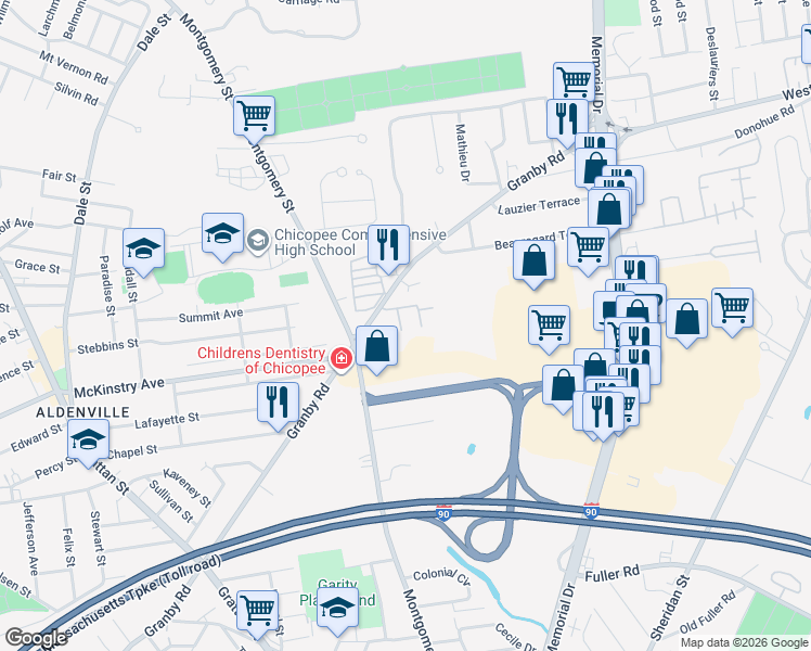 map of restaurants, bars, coffee shops, grocery stores, and more near 33 Stanley Drive in Chicopee