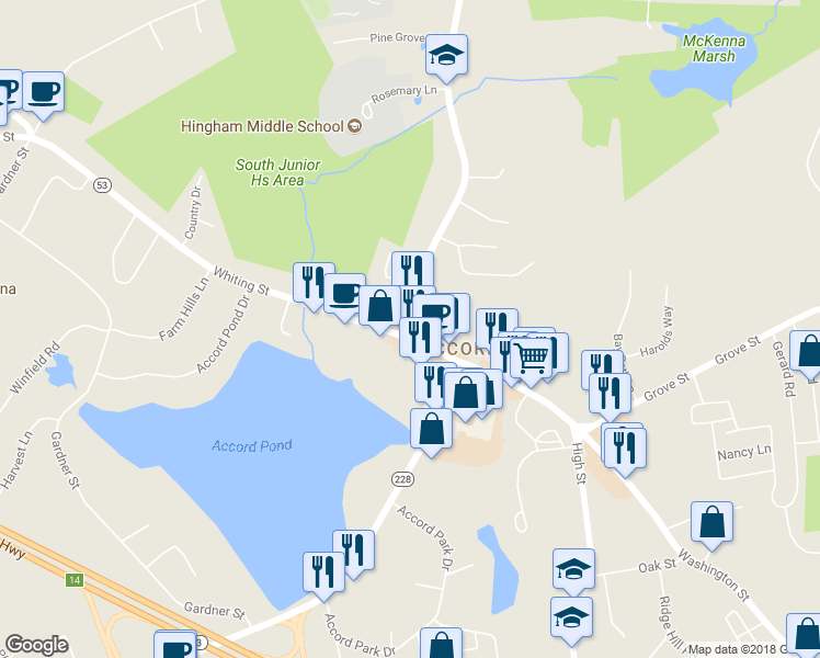 map of restaurants, bars, coffee shops, grocery stores, and more near 3 Whiting Street in Hingham