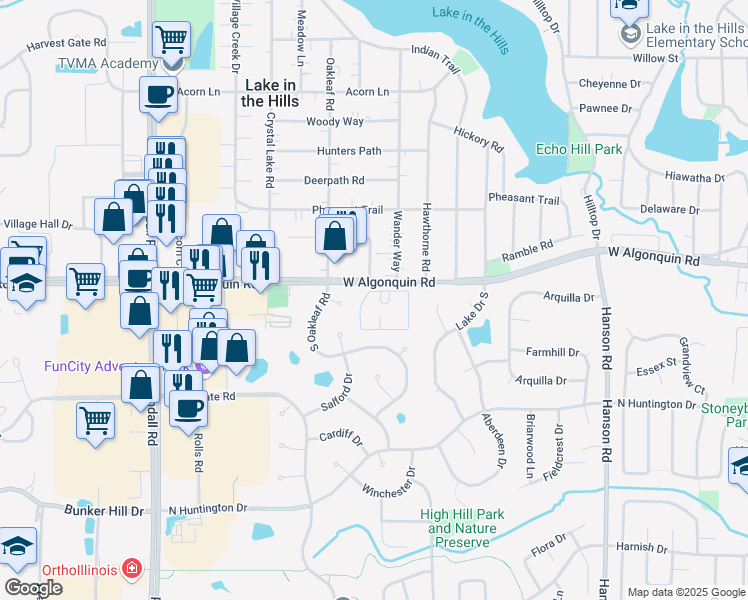 map of restaurants, bars, coffee shops, grocery stores, and more near 2001 West Algonquin Road in Algonquin