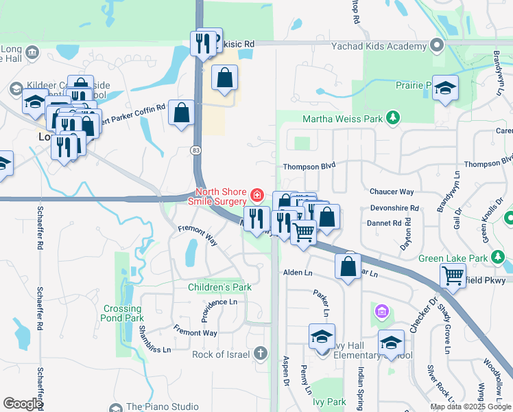 map of restaurants, bars, coffee shops, grocery stores, and more near 1401 McHenry Road in Buffalo Grove