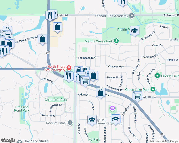 map of restaurants, bars, coffee shops, grocery stores, and more near 1070 Courtland Drive in Buffalo Grove